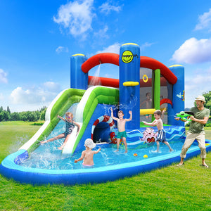 Inflatable water slide with children playing on a sunny day