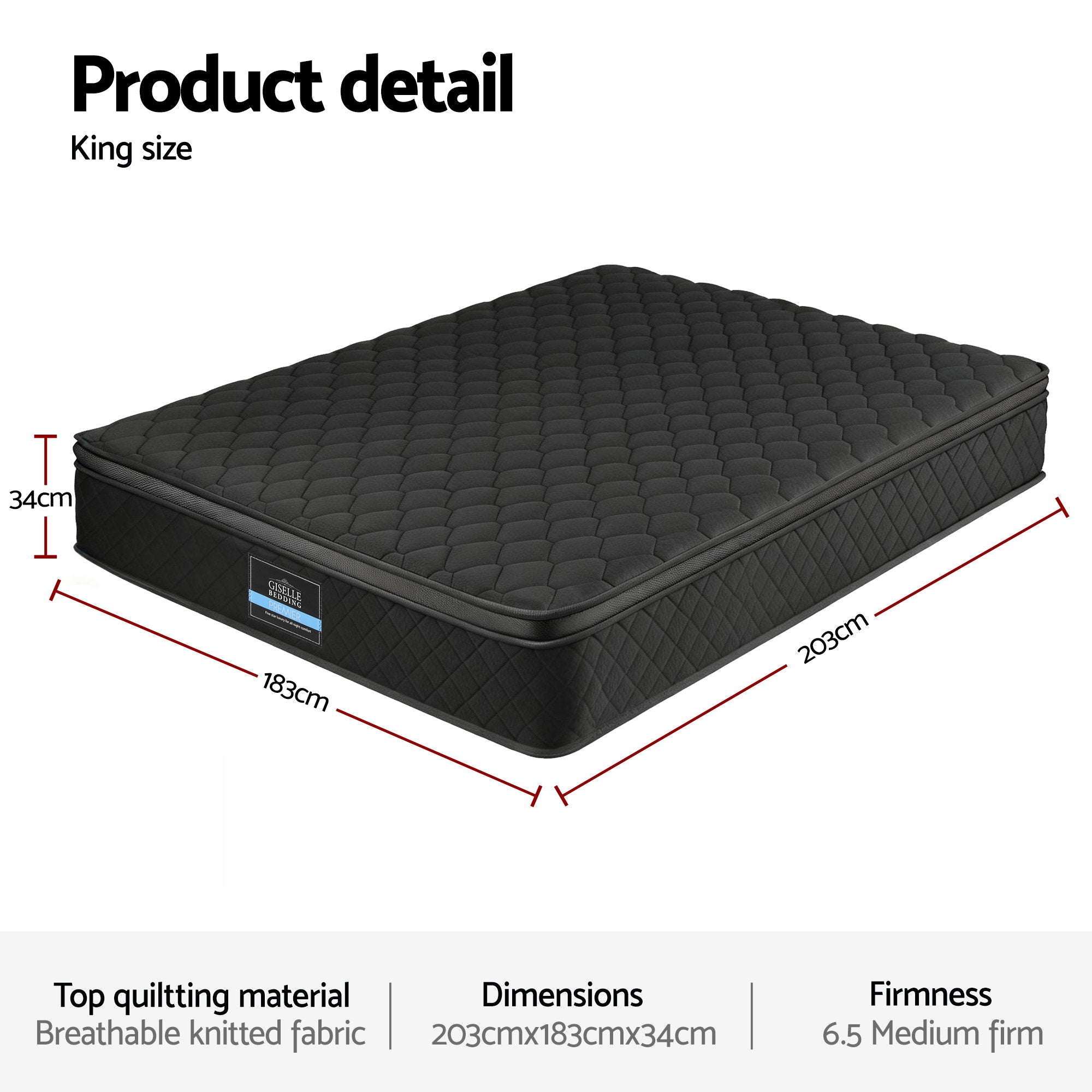 Giselle Bedding Mattress 34cm Euro Top with 5-Zone Pocket Spring Support 2 Sizes