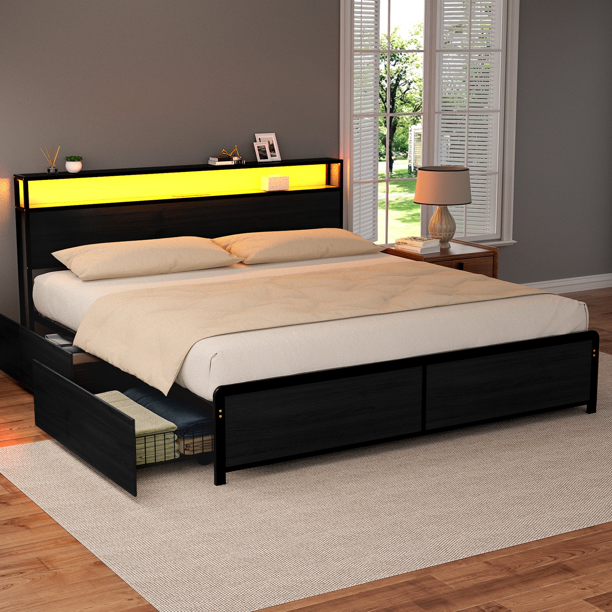 King Bed Frame with Storage Headboard, LED Lights & USB Charging