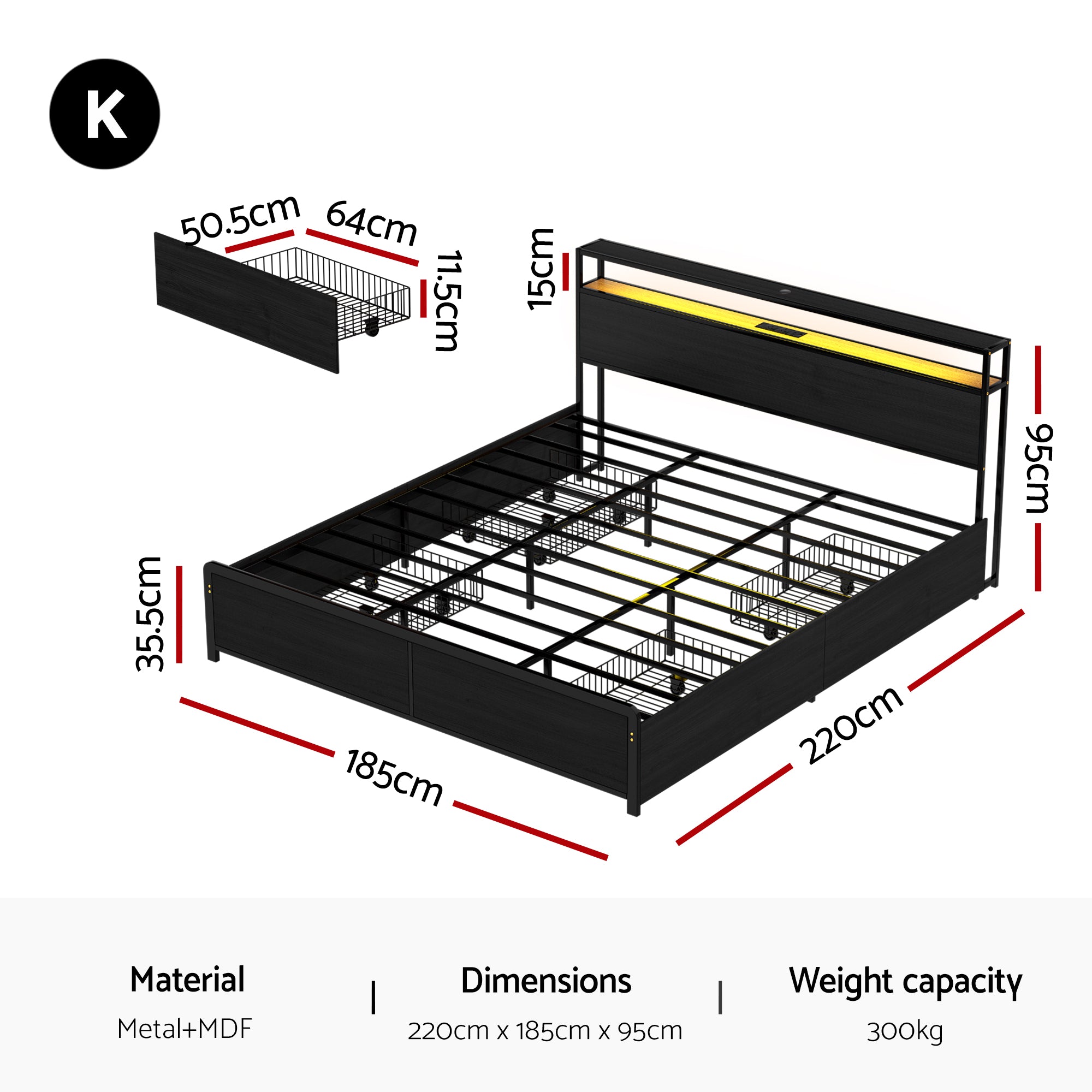 King Bed Frame with Storage Headboard, LED Lights & USB Charging