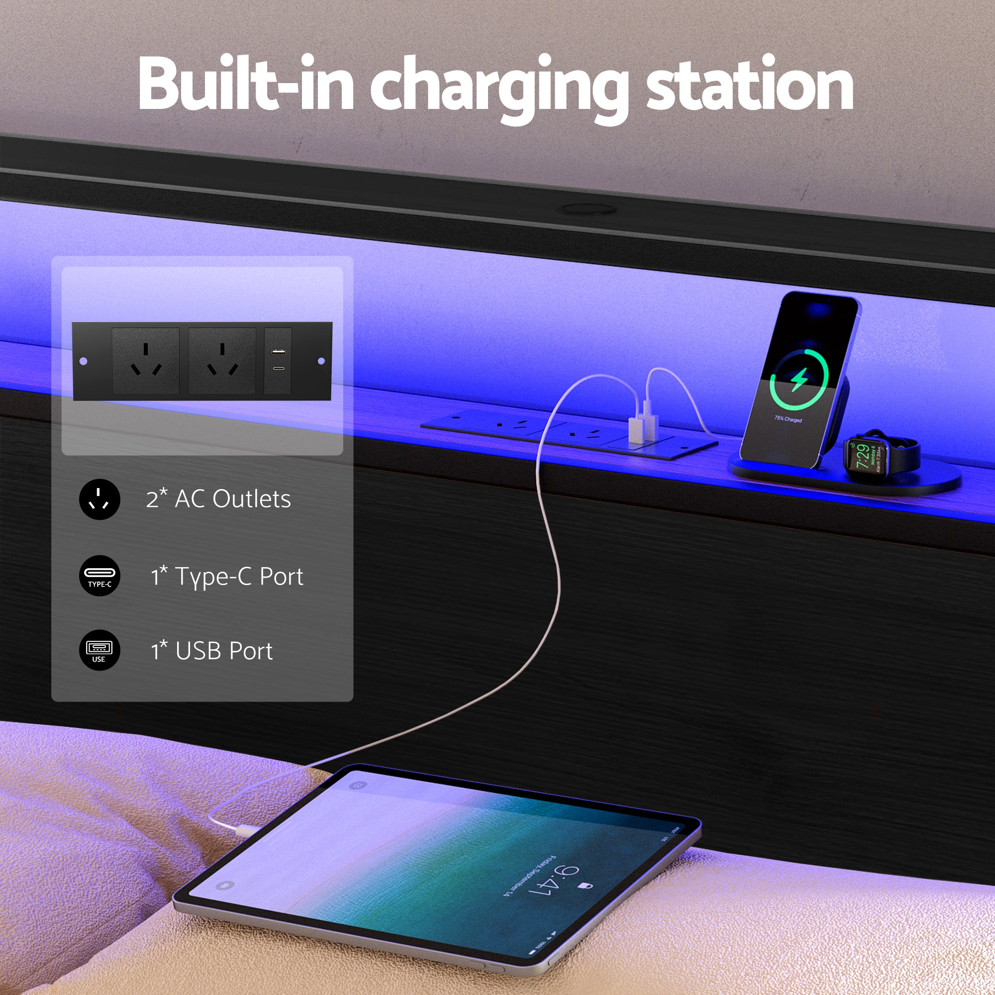 King Bed Frame with Storage Headboard, LED Lights & USB Charging