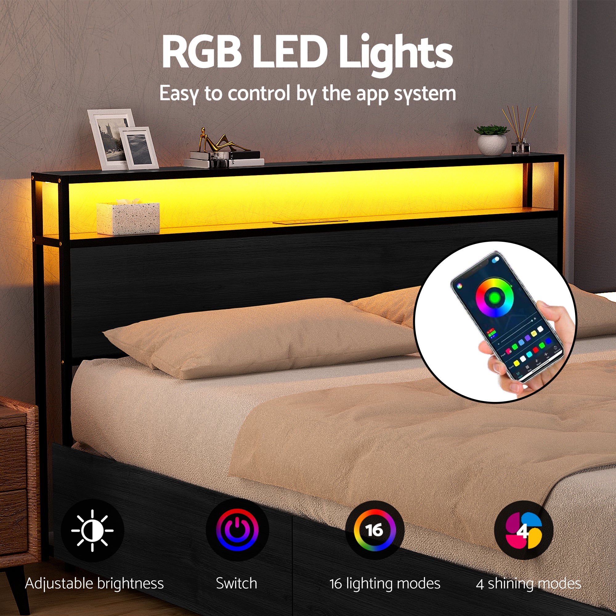King Bed Frame with Storage Headboard, LED Lights & USB Charging