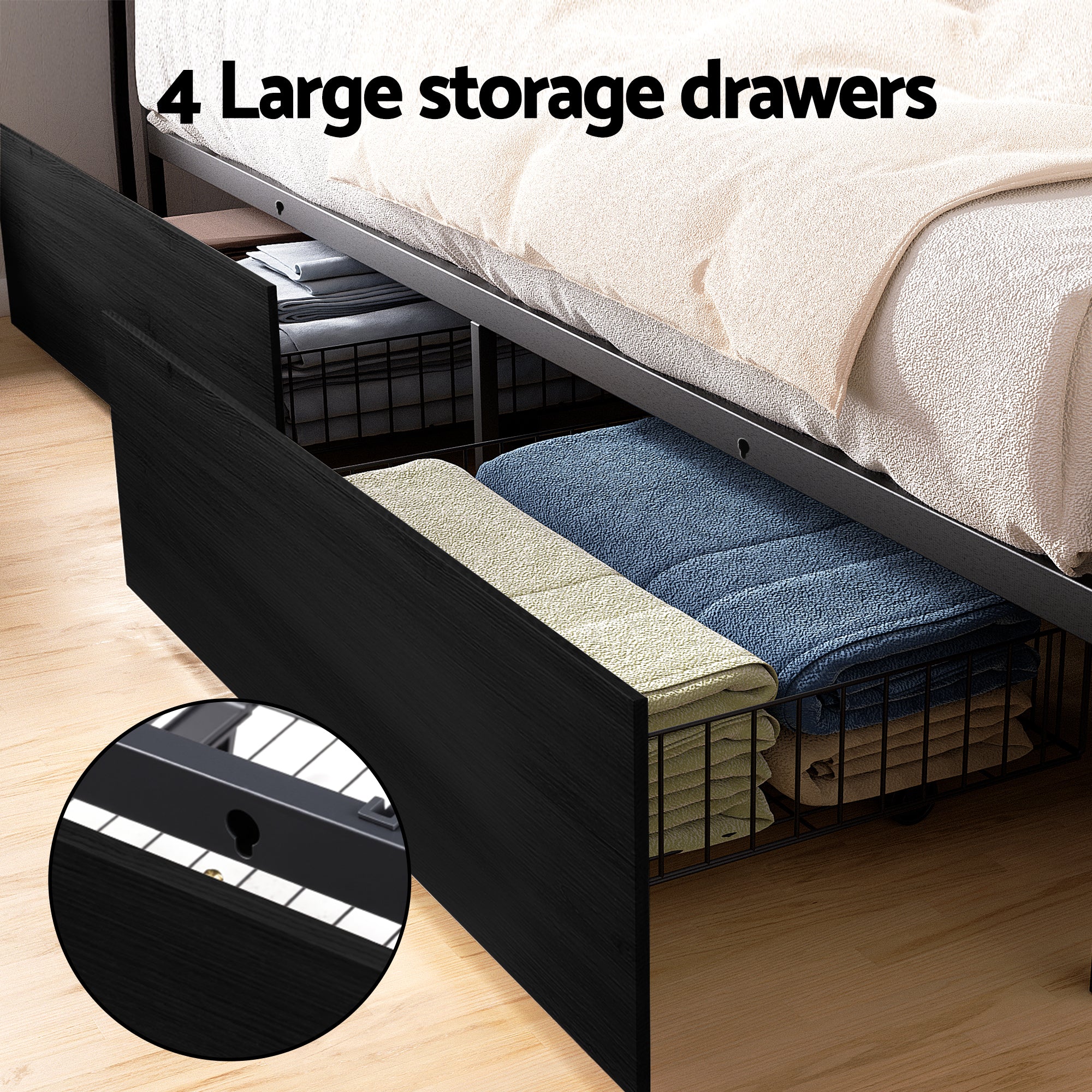 King Bed Frame with Storage Headboard, LED Lights & USB Charging