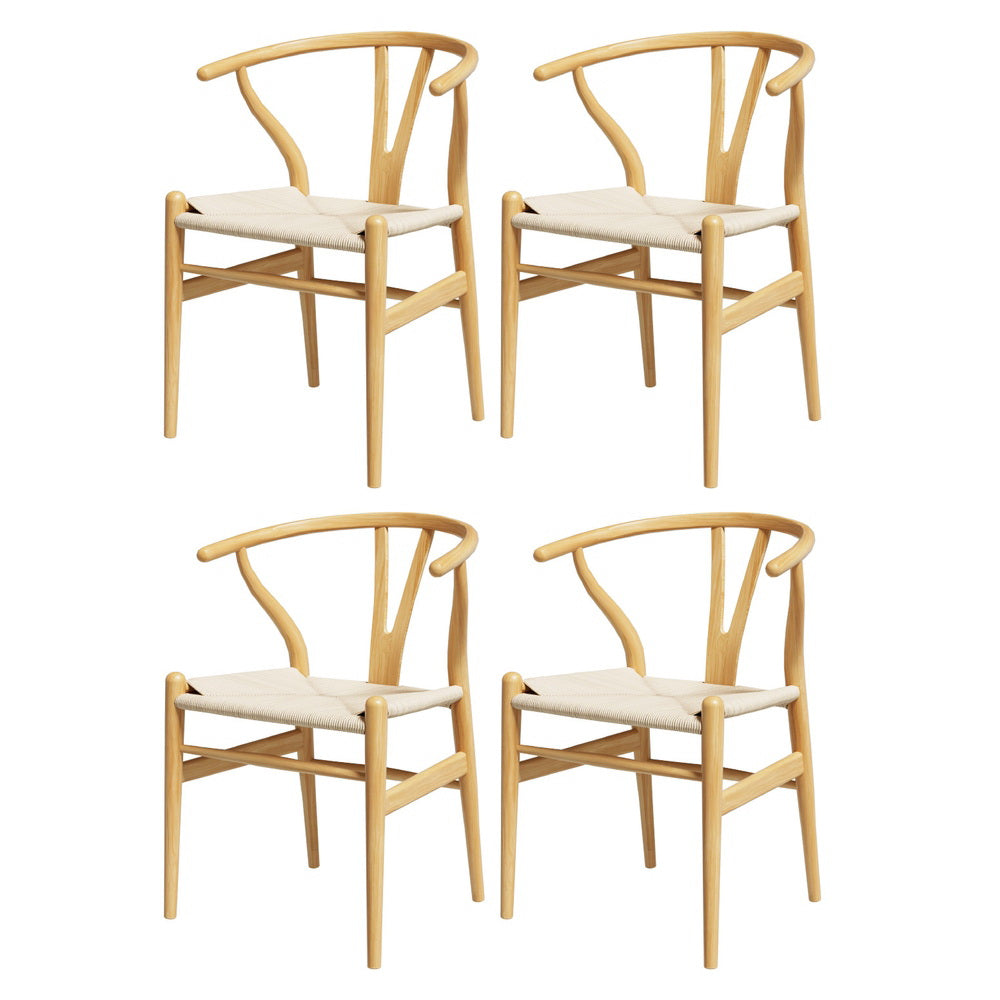Set of 4 Wishbone-Style Wooden Dining Chairs with Rattan Seat