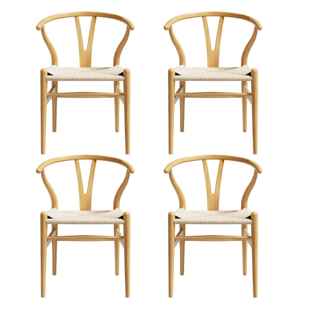 Set of 4 Wishbone-Style Wooden Dining Chairs with Rattan Seat