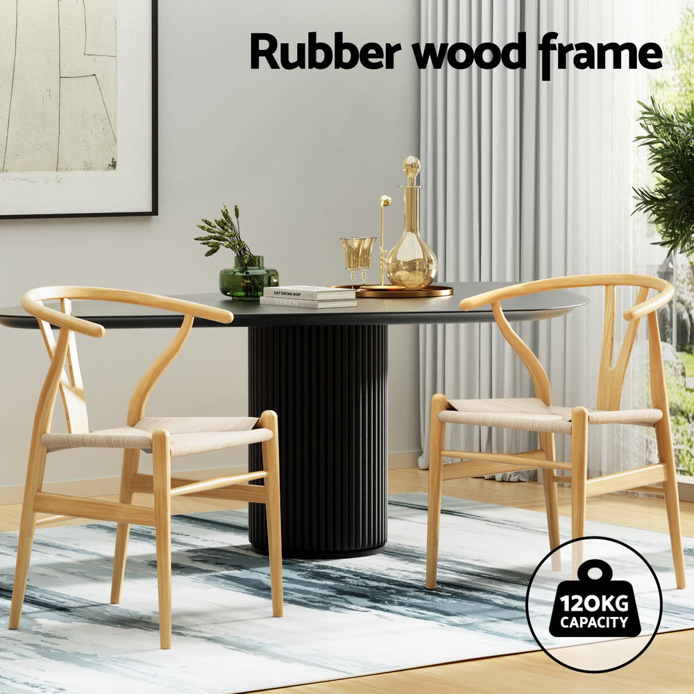Set of 4 Wishbone-Style Wooden Dining Chairs with Rattan Seat