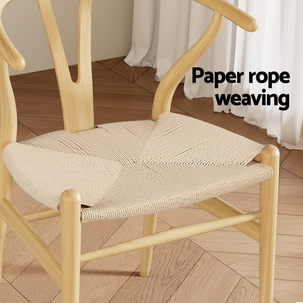 Set of 4 Wishbone-Style Wooden Dining Chairs with Rattan Seat