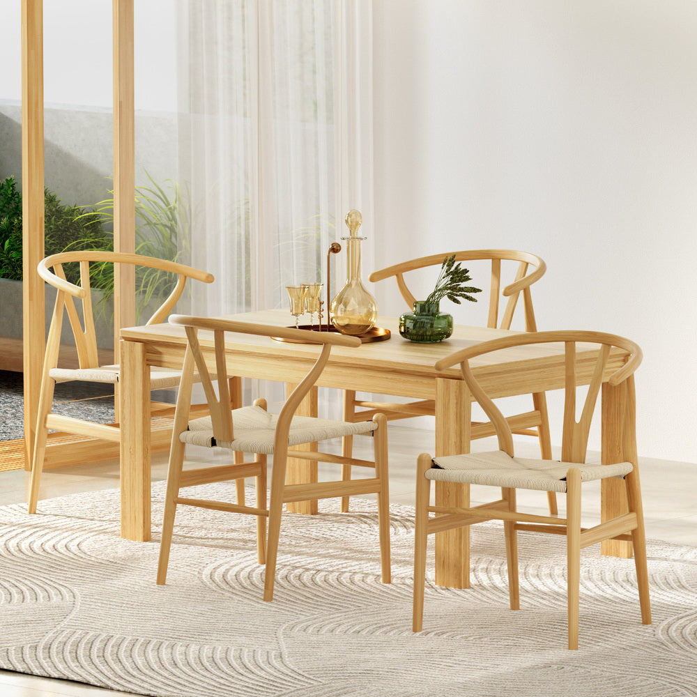 Set of 4 Wishbone-Style Wooden Dining Chairs with Rattan Seat