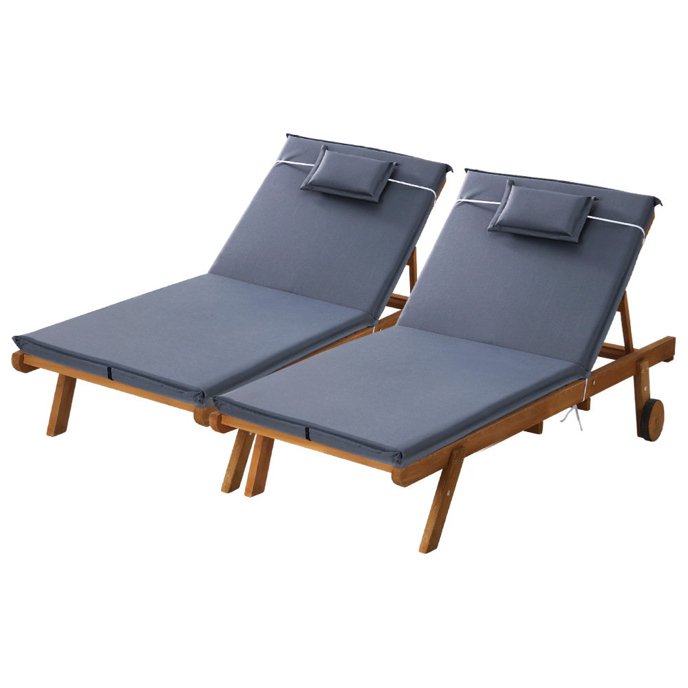 Gardeon 2x sun lounge wooden day bed wheel patio grey 1