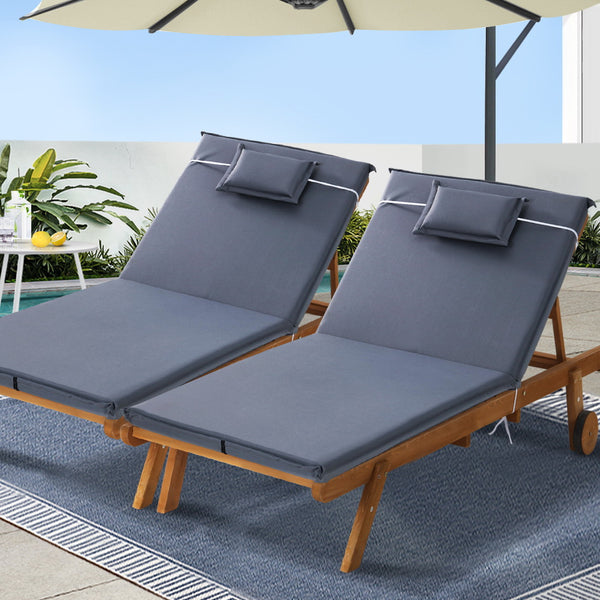 Gardeon 2x sun lounge wooden day bed wheel patio grey 3