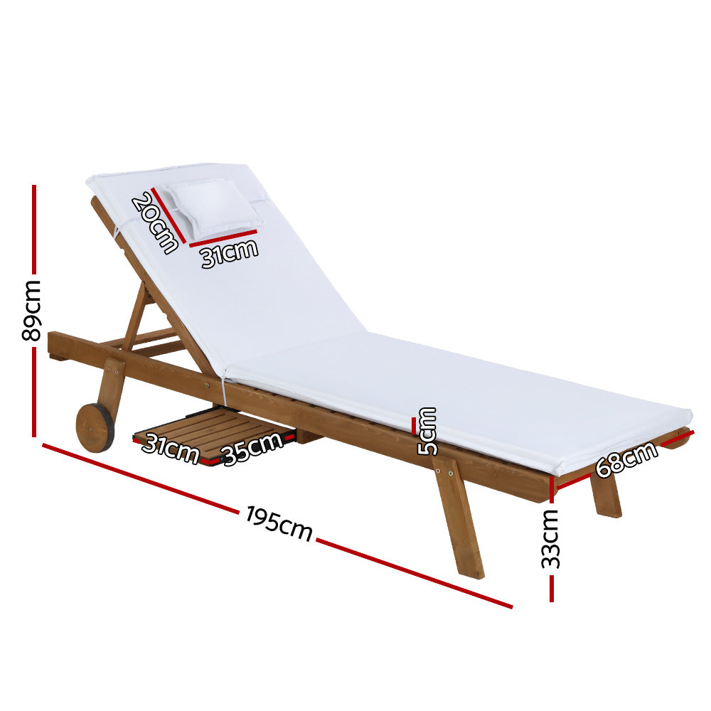 Gardeon 2x sun lounge wooden outdoor furniture day bed with wheels - white 6
