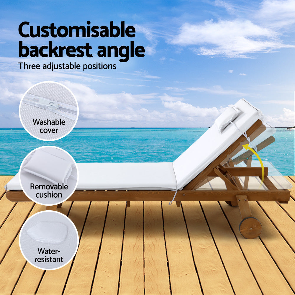 Gardeon 2x sun lounge wooden outdoor furniture day bed with wheels - white 4