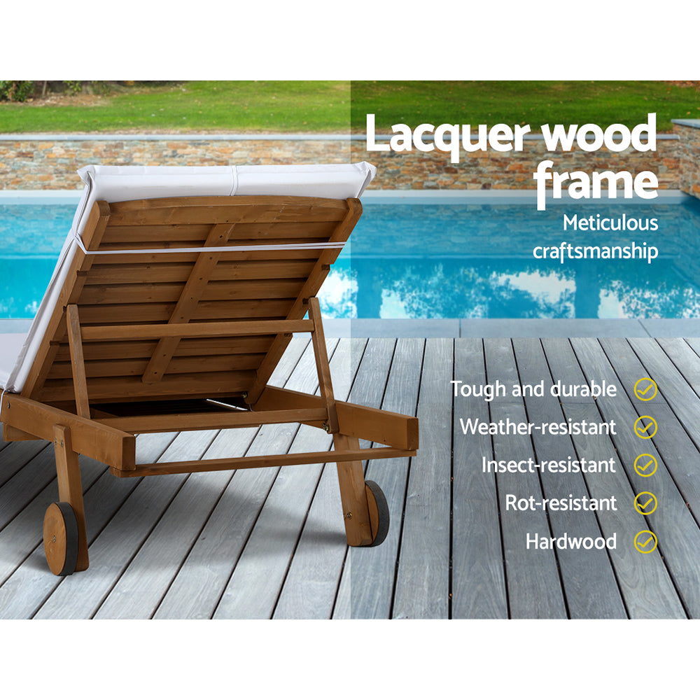 Gardeon 2x sun lounge wooden outdoor furniture day bed with wheels - white 5