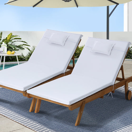 Gardeon 2x sun lounge wooden outdoor furniture day bed with wheels - white 2