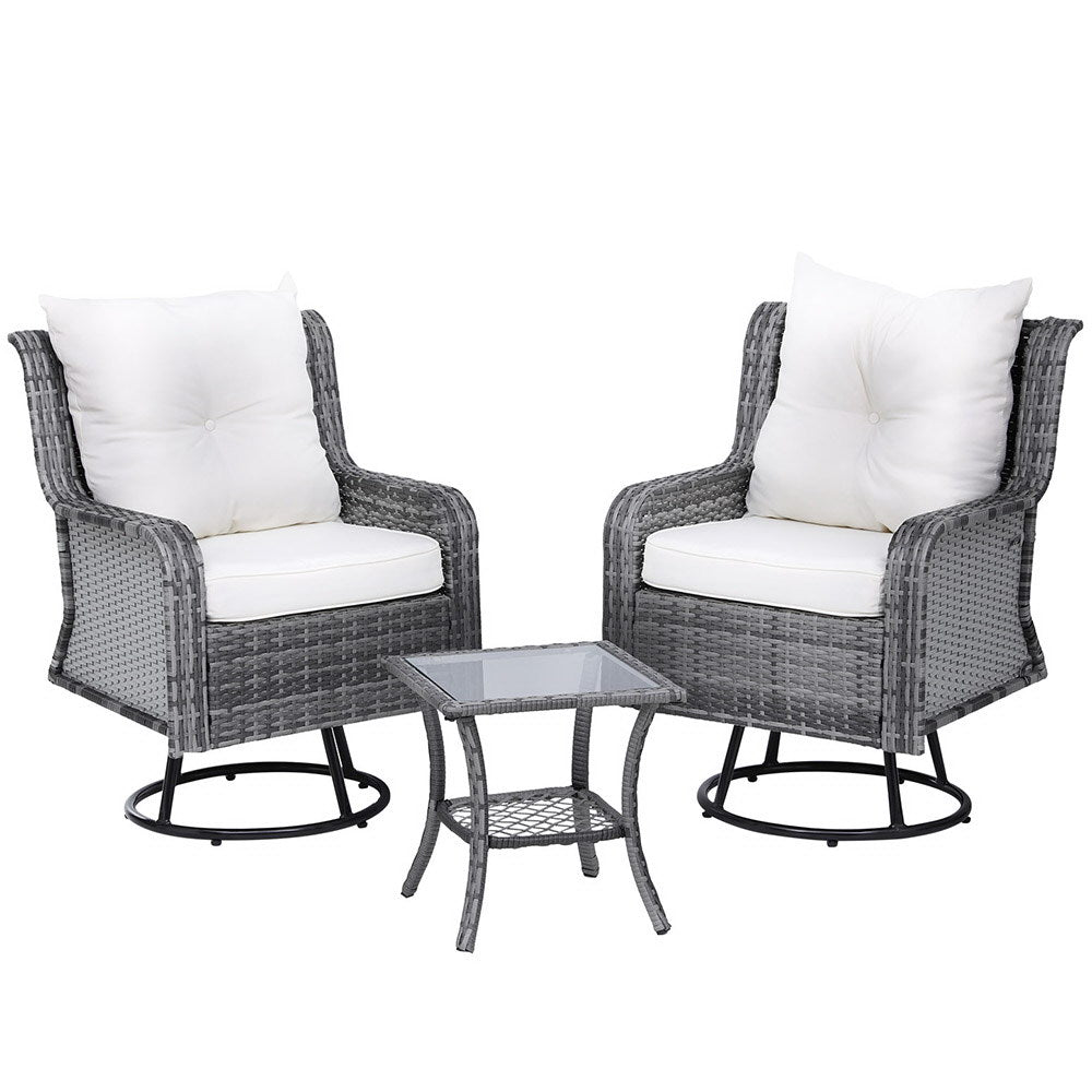 Gardeon 3PC Outdoor Bistro Set Wicker Swivel Chairs Table Cushion - Grey