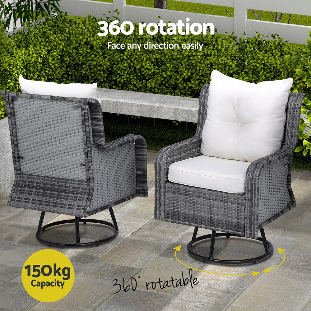 Gardeon 3PC Outdoor Bistro Set Wicker Swivel Chairs Table Cushion - Grey