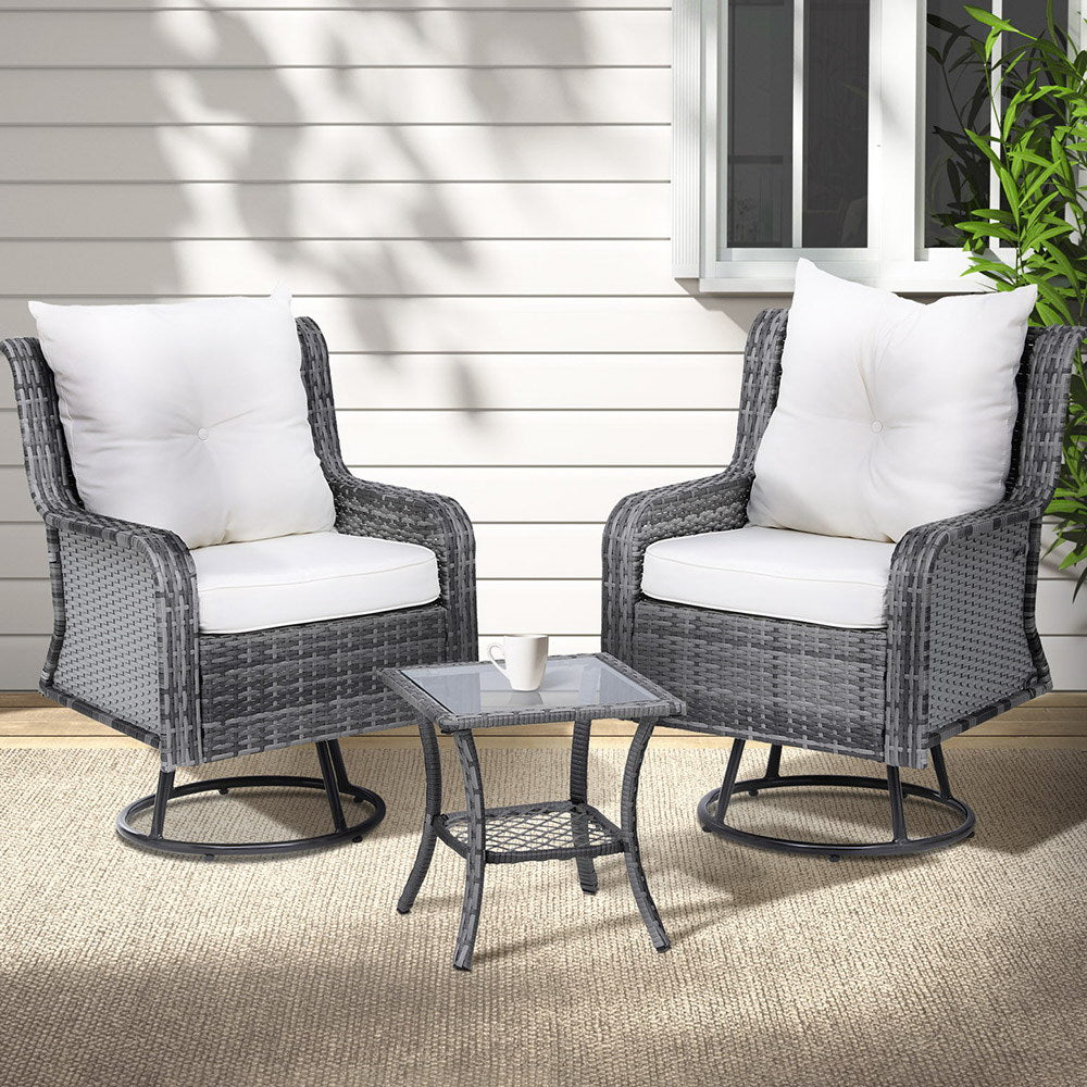 Gardeon 3PC Outdoor Bistro Set Wicker Swivel Chairs Table Cushion - Grey