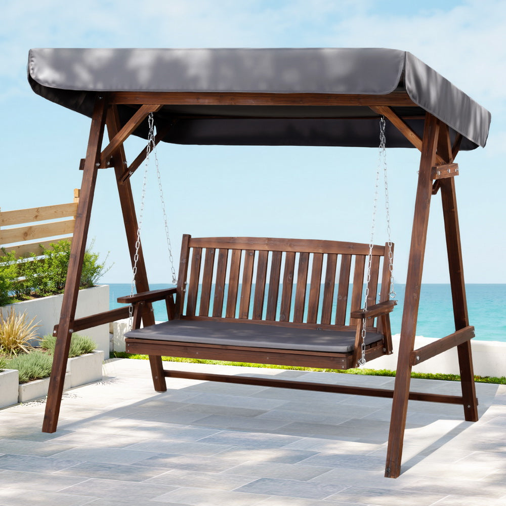 3 Seater Wooden Swing Bench Seat with Canopy - Charcoal