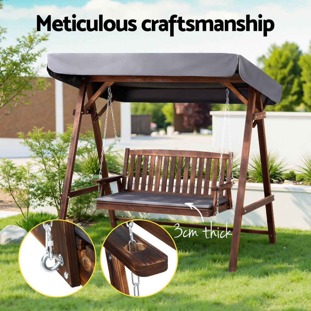 3 Seater Wooden Swing Bench Seat with Canopy - Charcoal