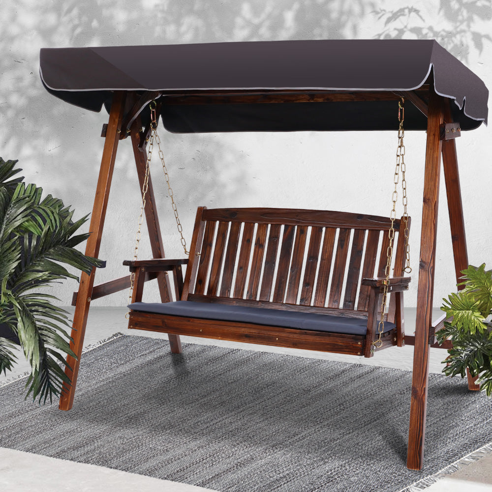 3 Seater Wooden Swing Bench Seat with Canopy - Charcoal