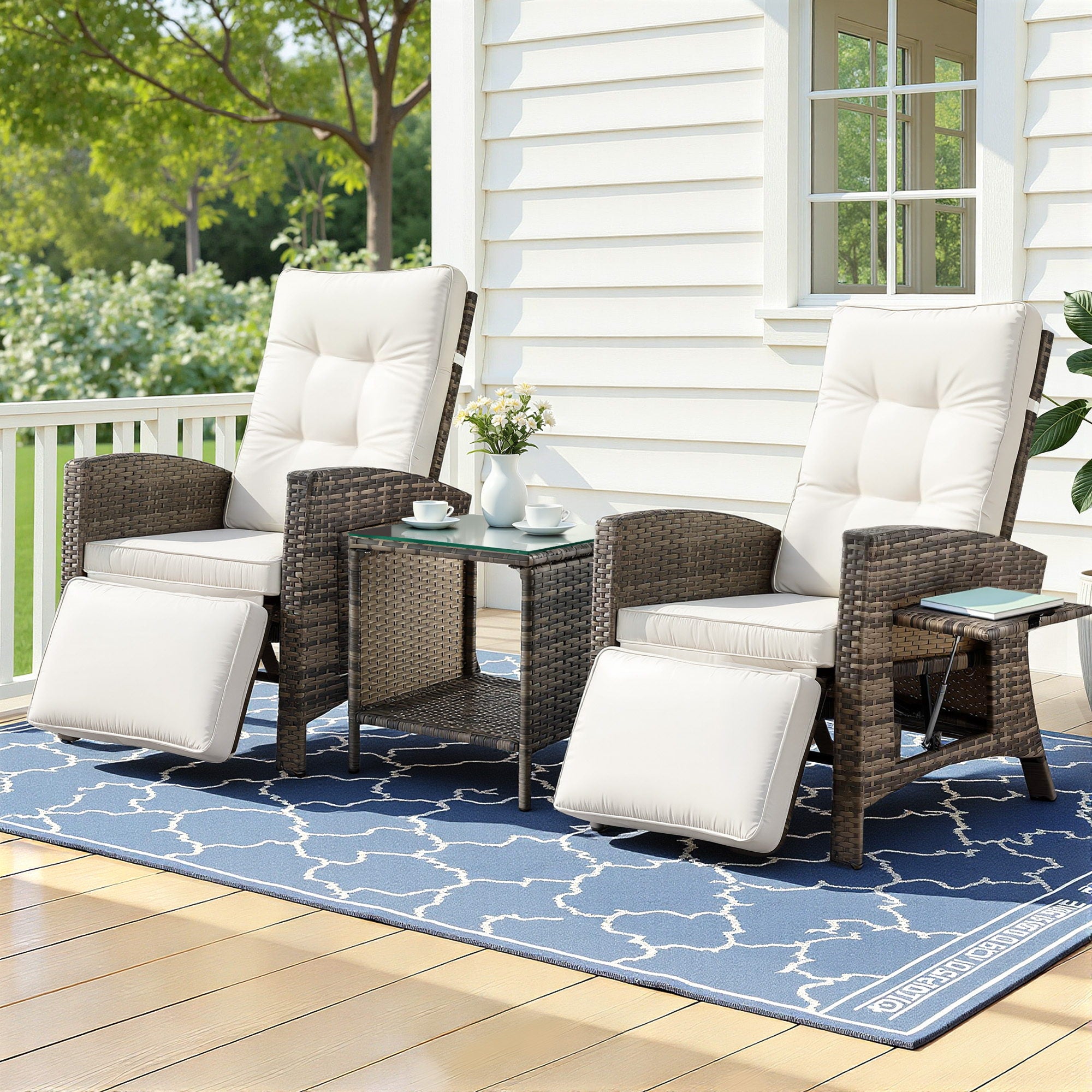3pc Patio Recliner Bistro Set with Adjustable Wicker Chairs - Brown