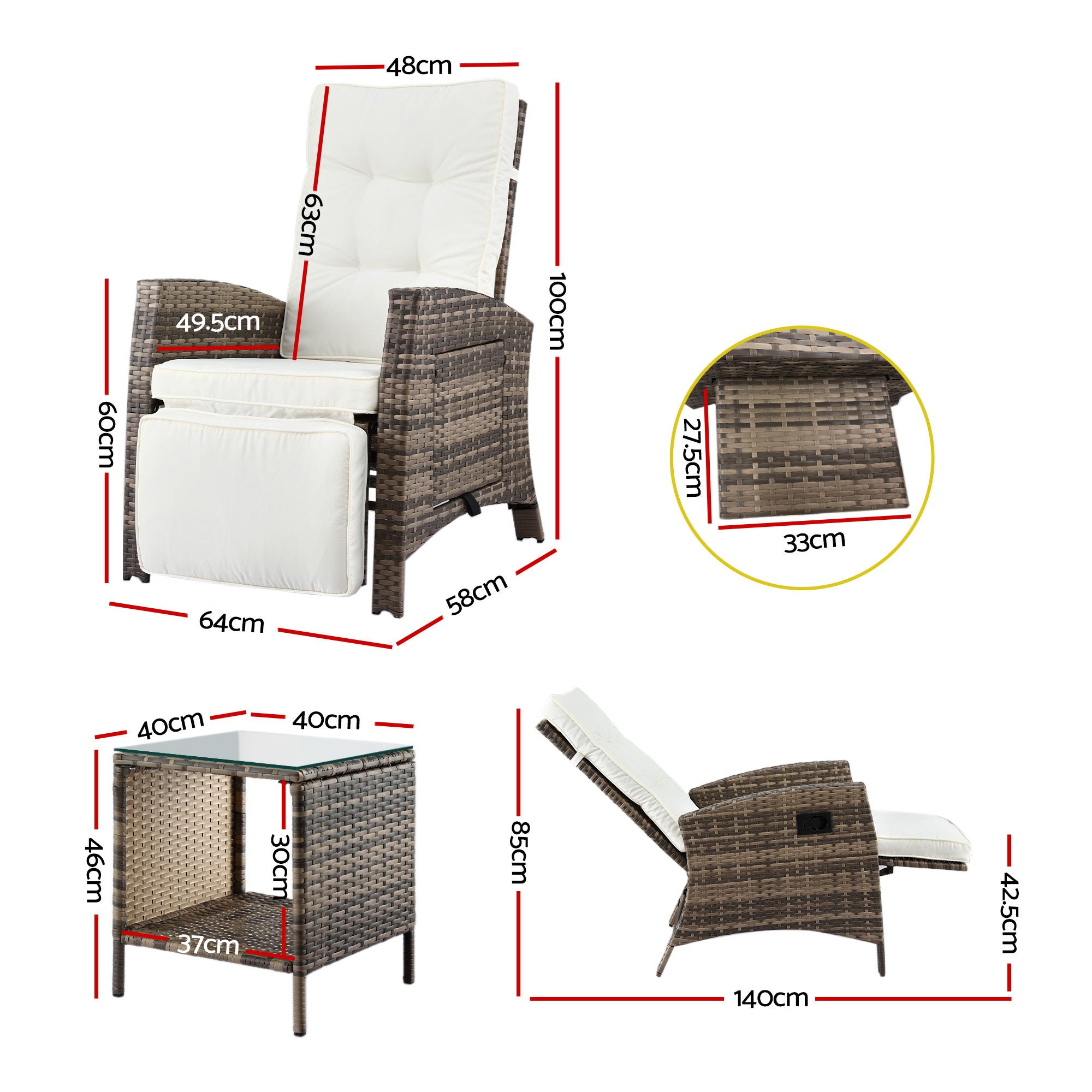 3pc Patio Recliner Bistro Set with Adjustable Wicker Chairs - Brown