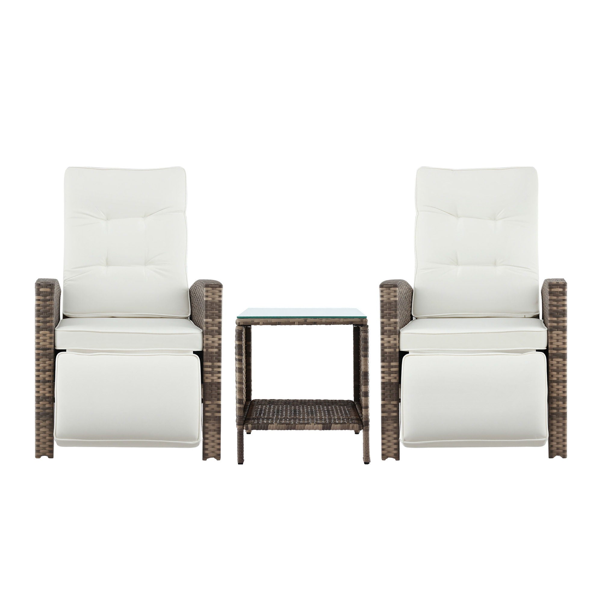 3pc Patio Recliner Bistro Set with Adjustable Wicker Chairs - Brown