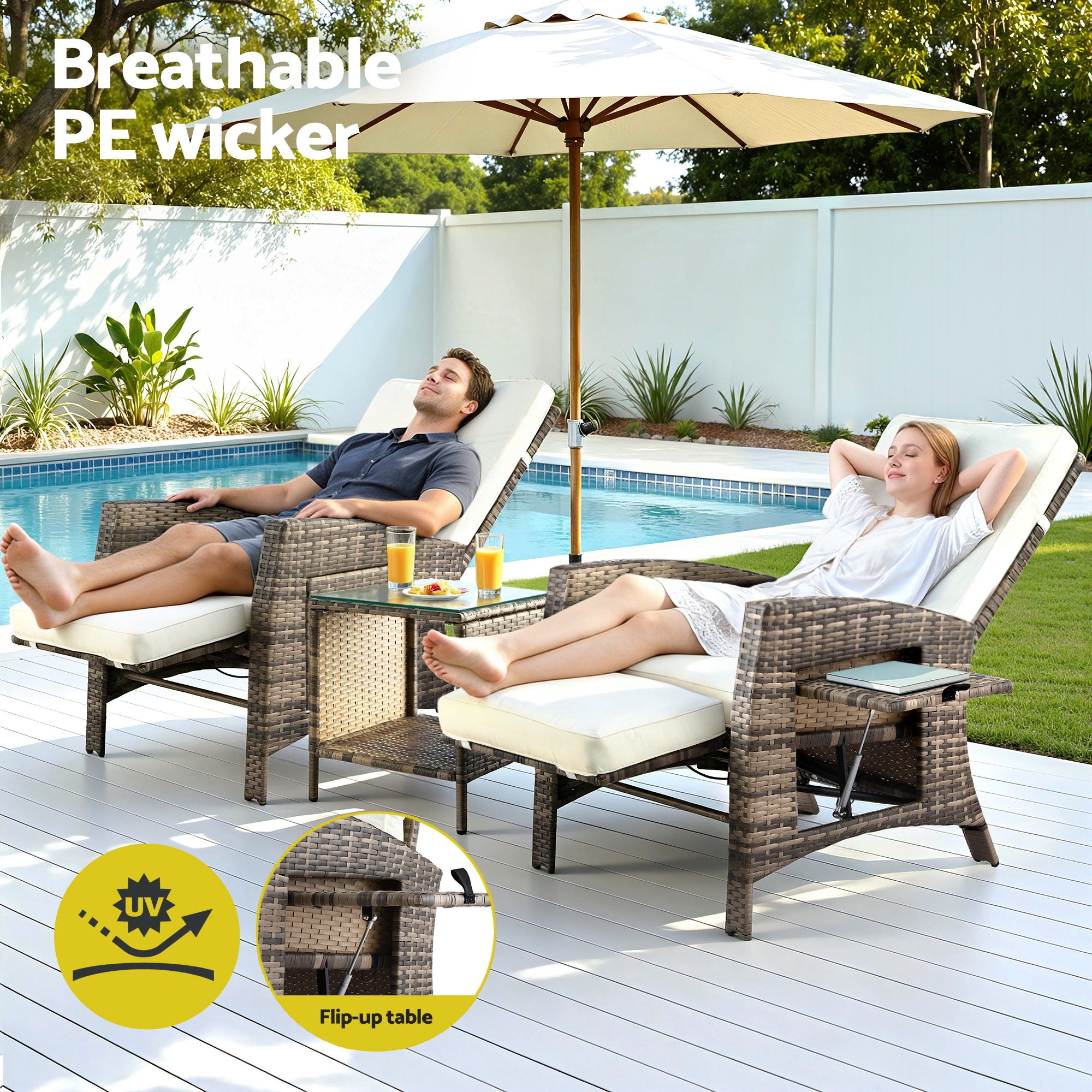 3pc Patio Recliner Bistro Set with Adjustable Wicker Chairs - Brown