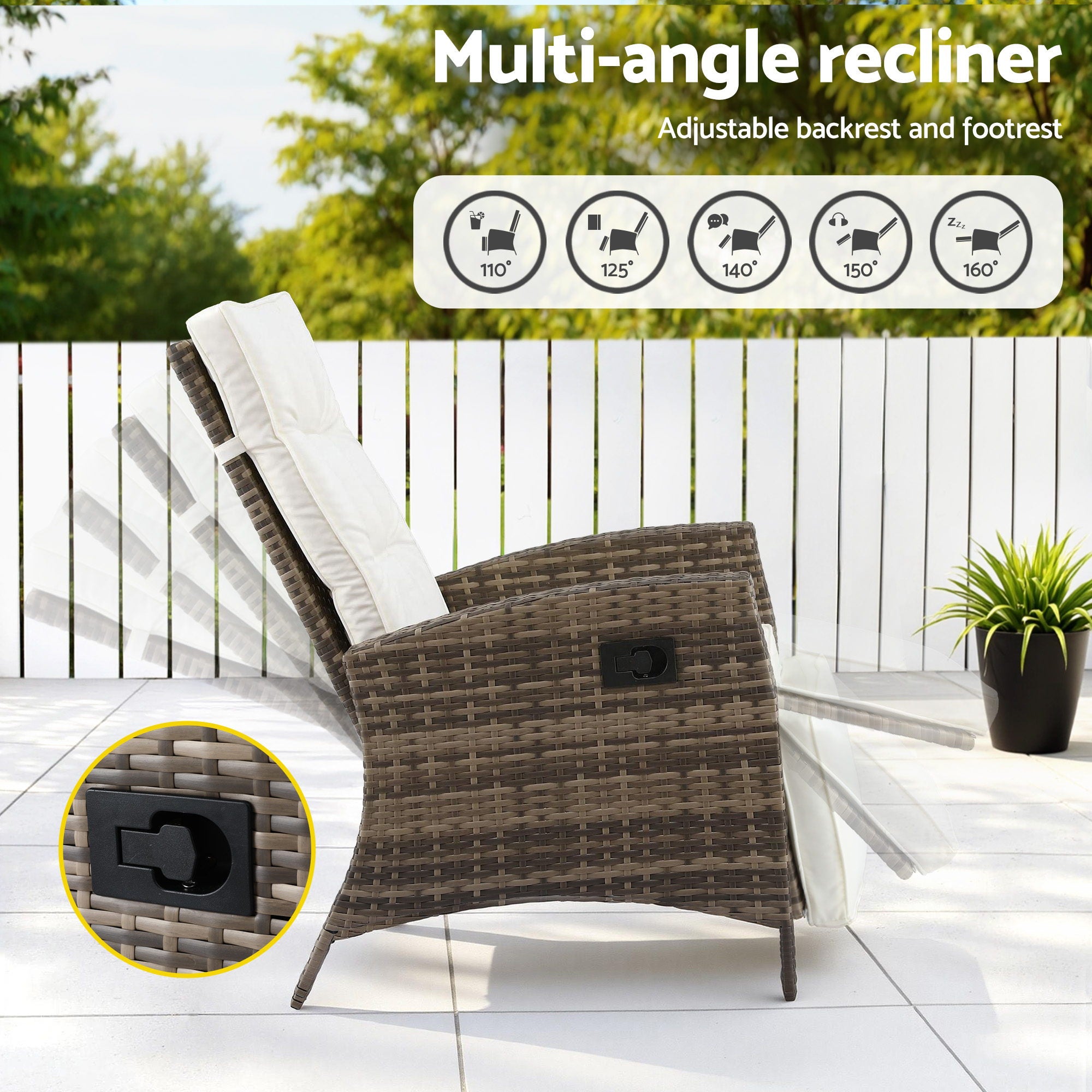 3pc Patio Recliner Bistro Set with Adjustable Wicker Chairs - Brown