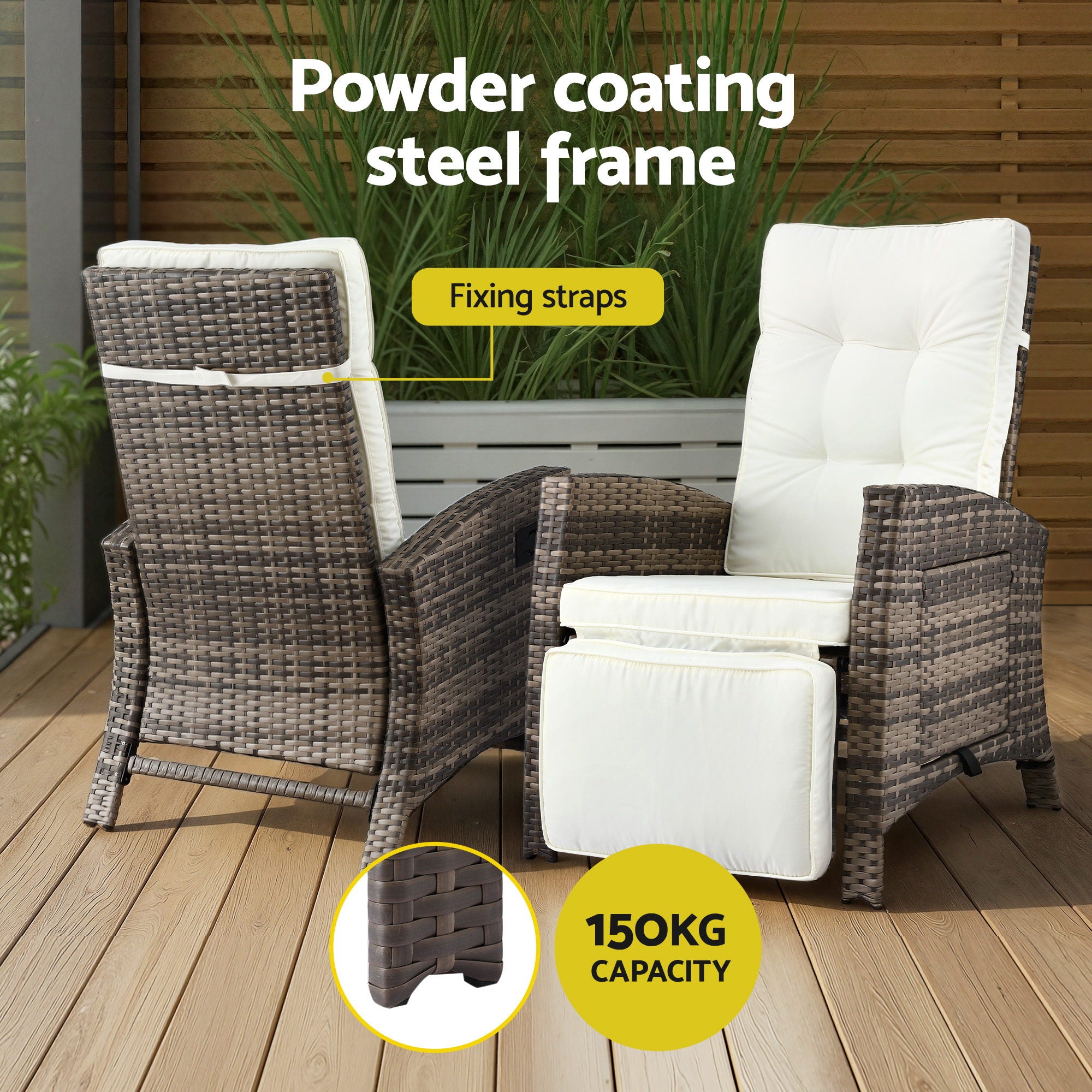 3pc Patio Recliner Bistro Set with Adjustable Wicker Chairs - Brown