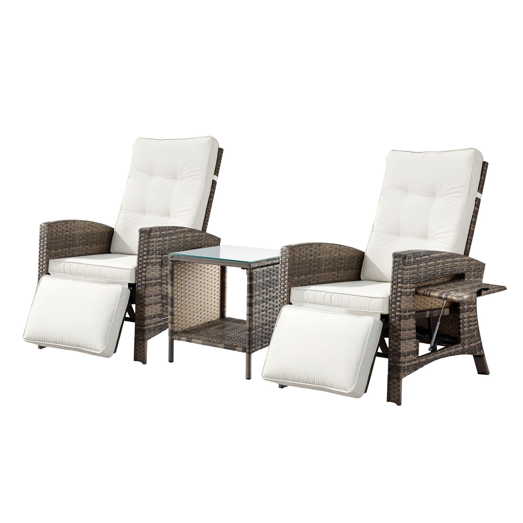 3pc Patio Recliner Bistro Set with Adjustable Wicker Chairs - Brown