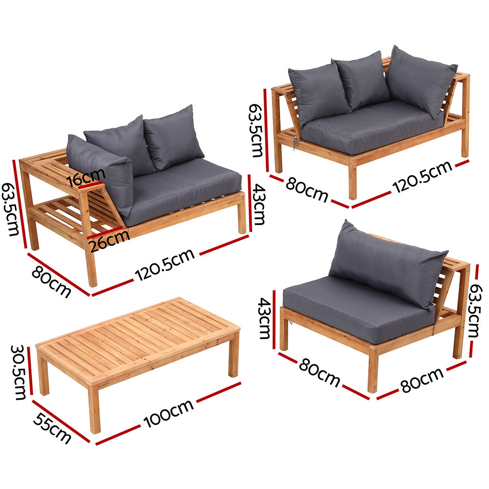 4-Piece Outdoor Timber Sofa Lounge Set – 5-Seater with Built-In Side Table