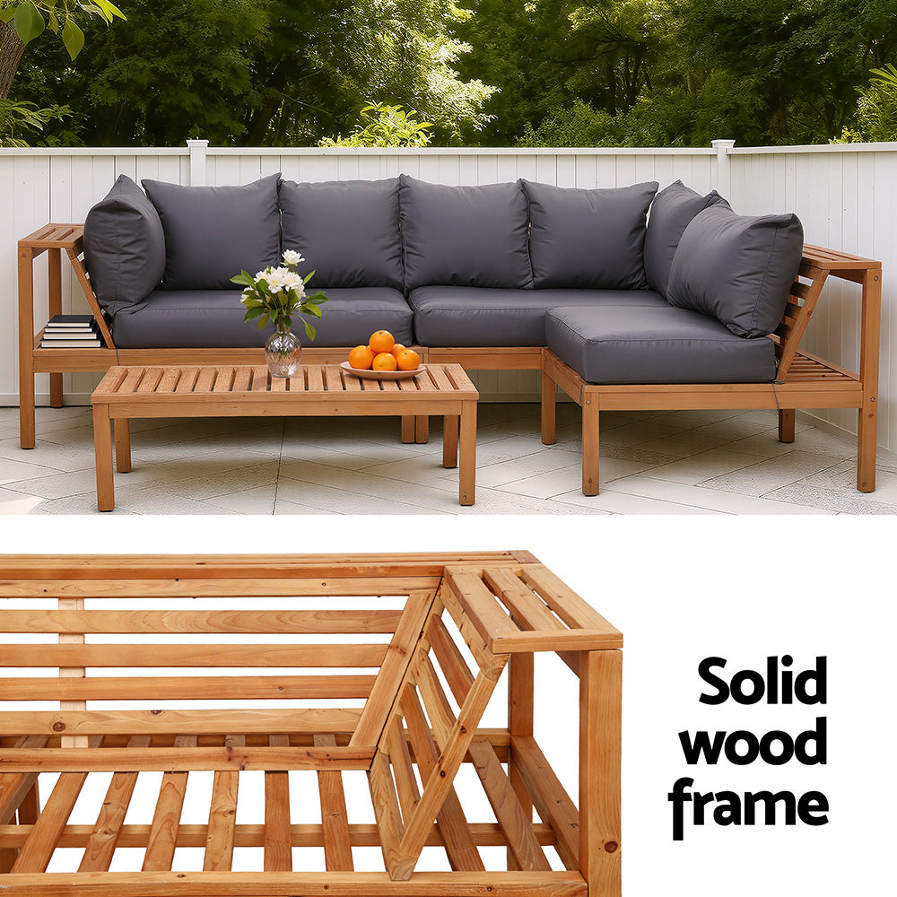 4-Piece Outdoor Timber Sofa Lounge Set – 5-Seater with Built-In Side Table