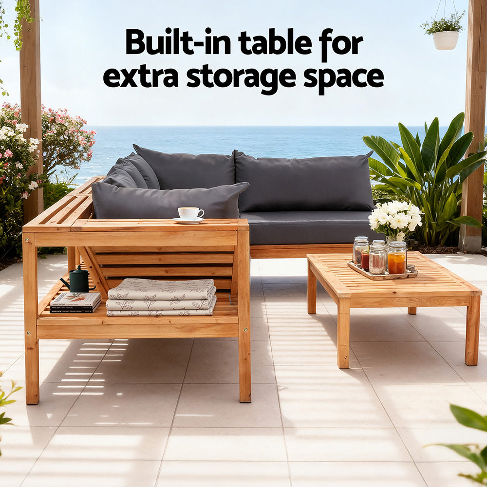 4-Piece Outdoor Timber Sofa Lounge Set – 5-Seater with Built-In Side Table