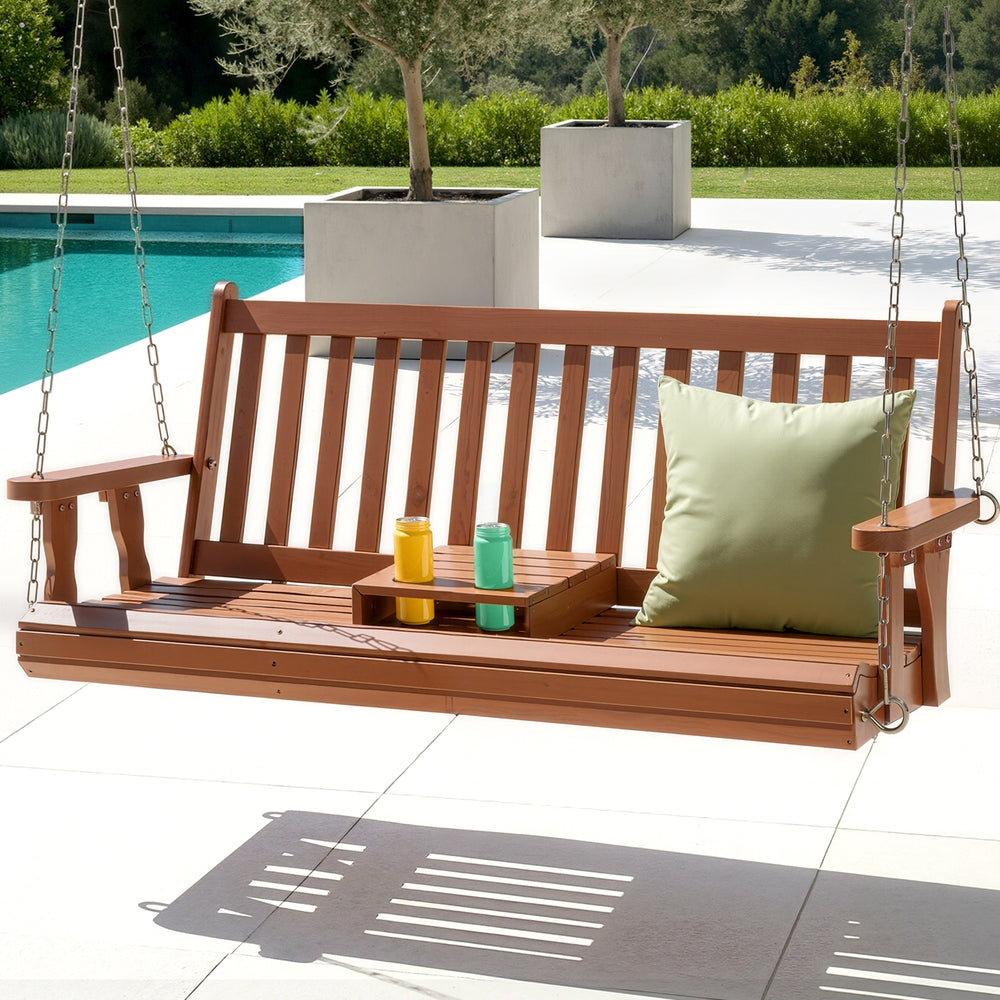 Outdoor Swing Wooden Bench Chair 2 Seater With Cup Holder - Teak or White