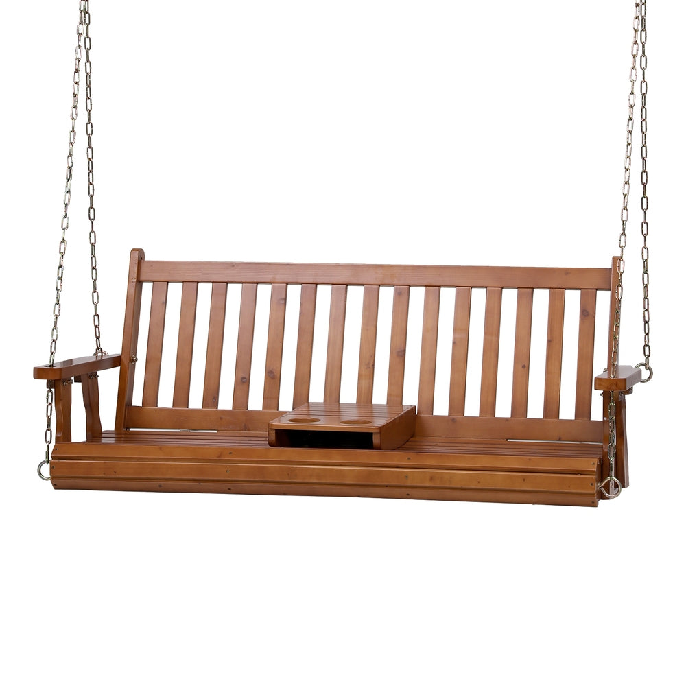 Outdoor Swing Wooden Bench Chair 2 Seater With Cup Holder - Teak or White