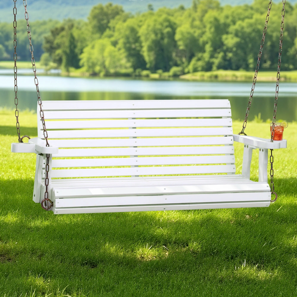 Outdoor Swing Wooden Bench Chair 2 Seater With Cup Holder - Teak or White