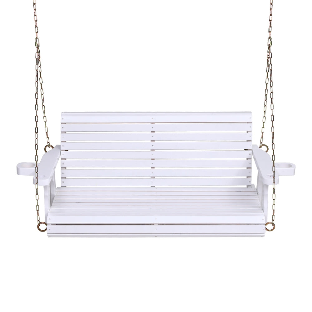 Outdoor Swing Wooden Bench Chair 2 Seater With Cup Holder - Teak or White