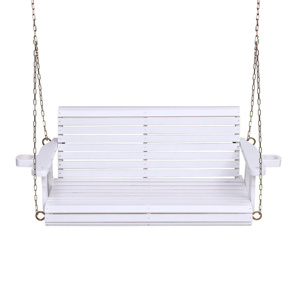 Outdoor Swing Wooden Bench Chair 2 Seater With Cup Holder - Teak or White