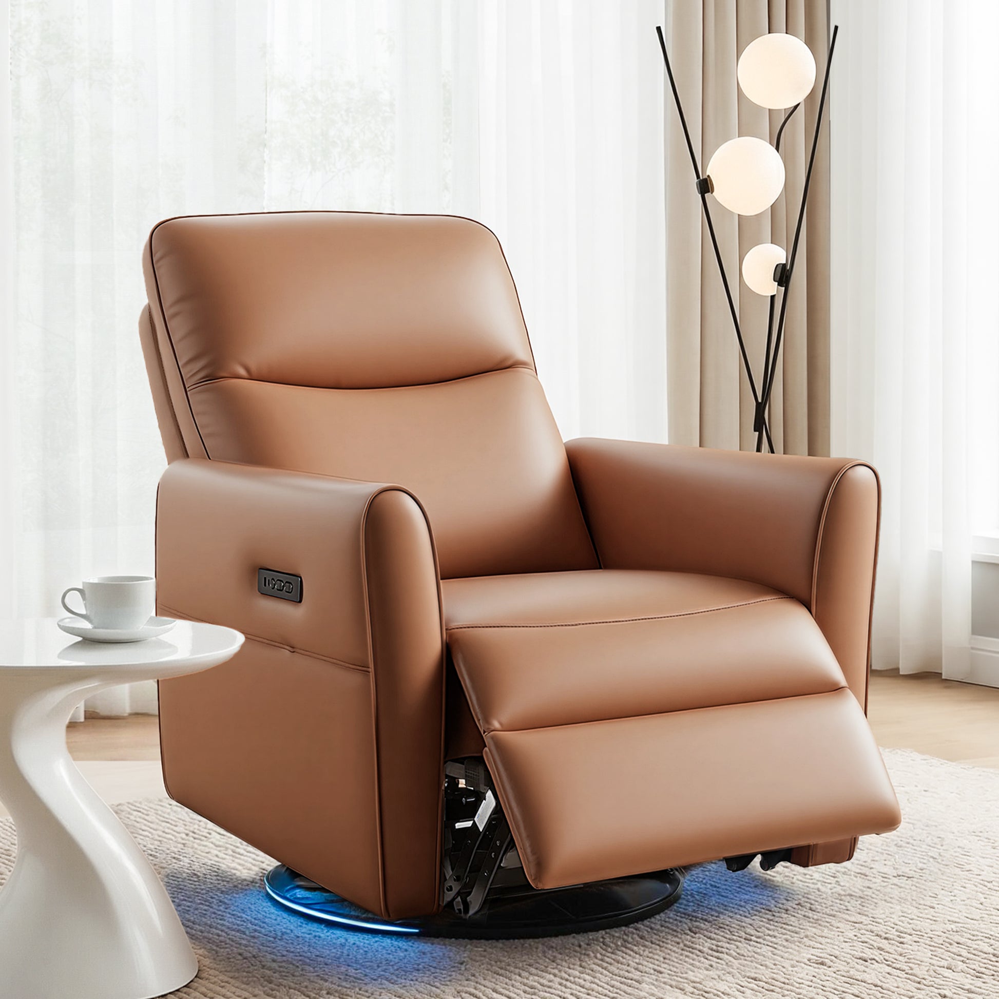 Brown leather recliner chair in a living room setting with a lamp and small table.