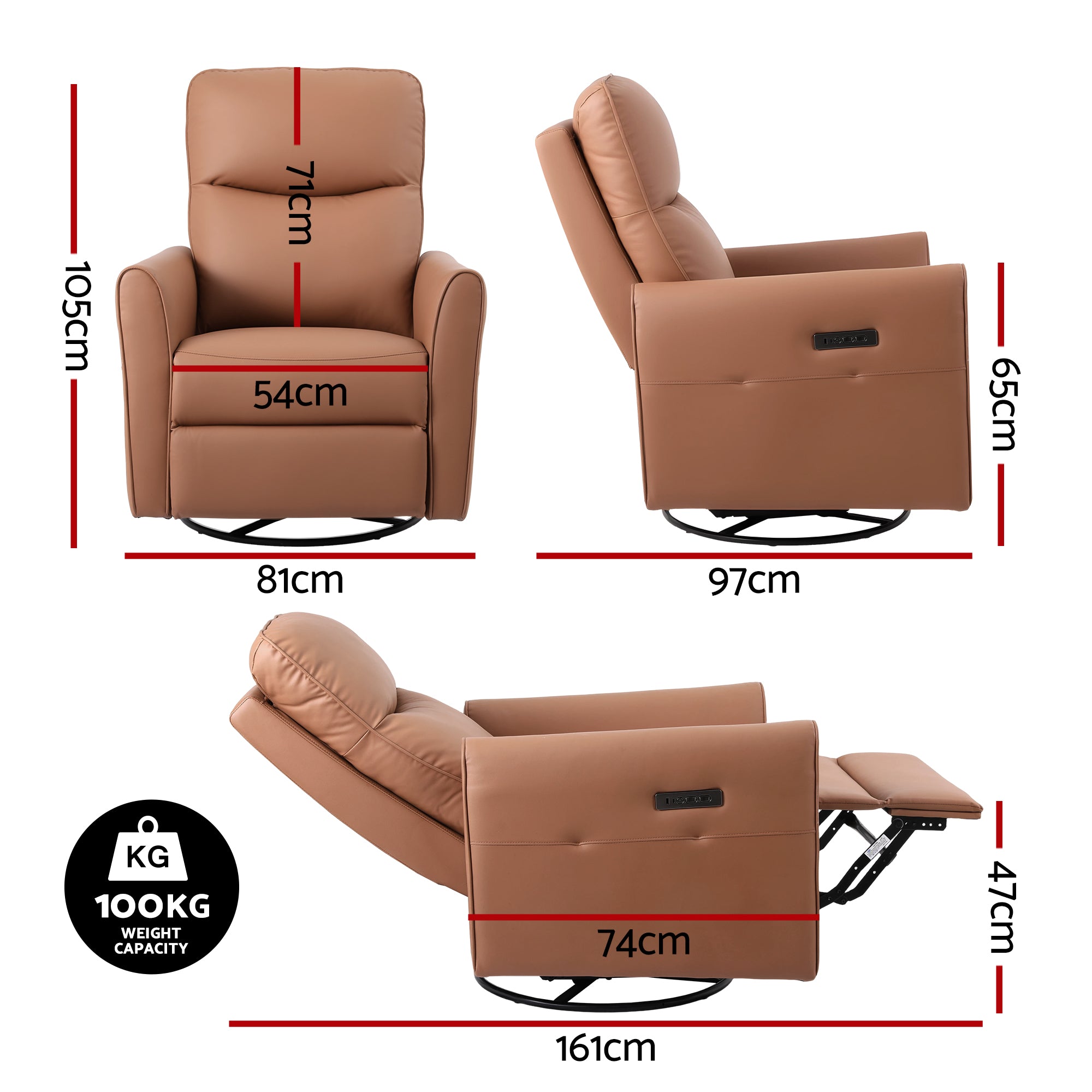 London Leather Swivel Recliner Chair with LED Lights & Charging Ports – Brown
