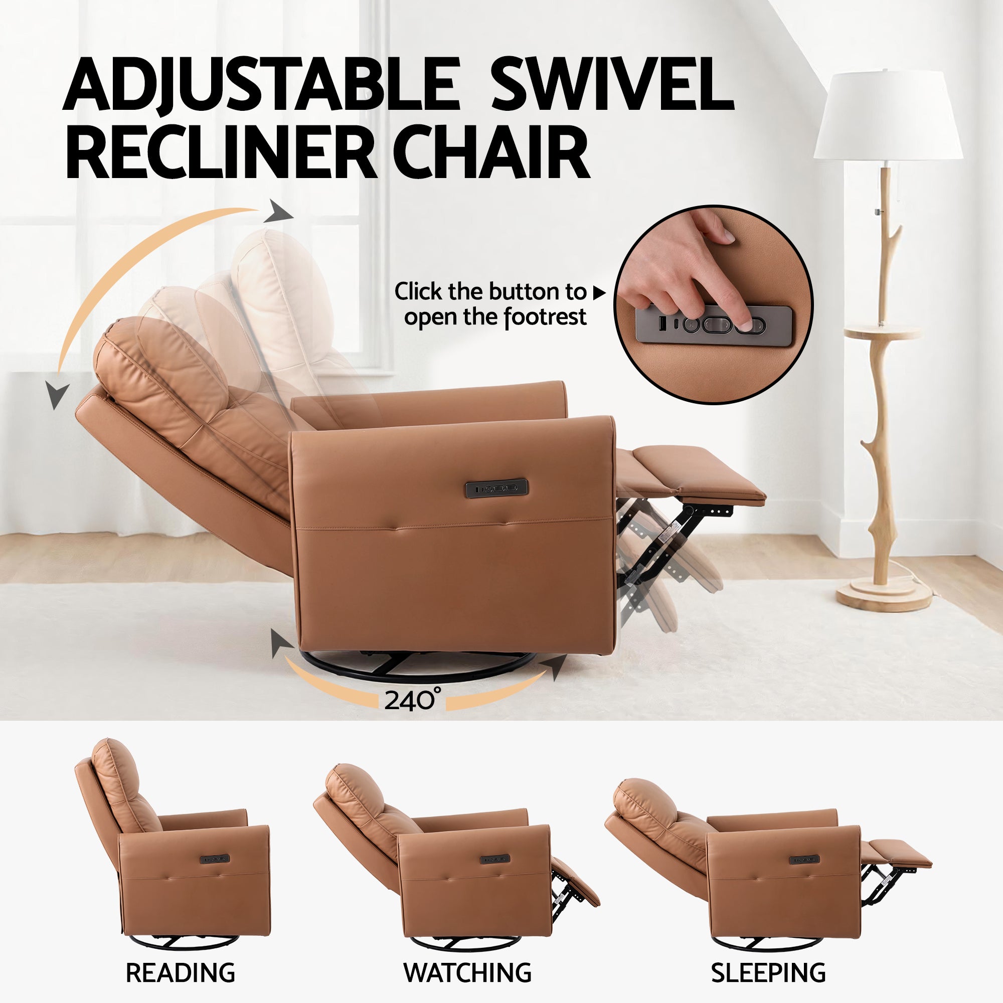 Brown adjustable swivel recliner chair with features highlighted on a white background