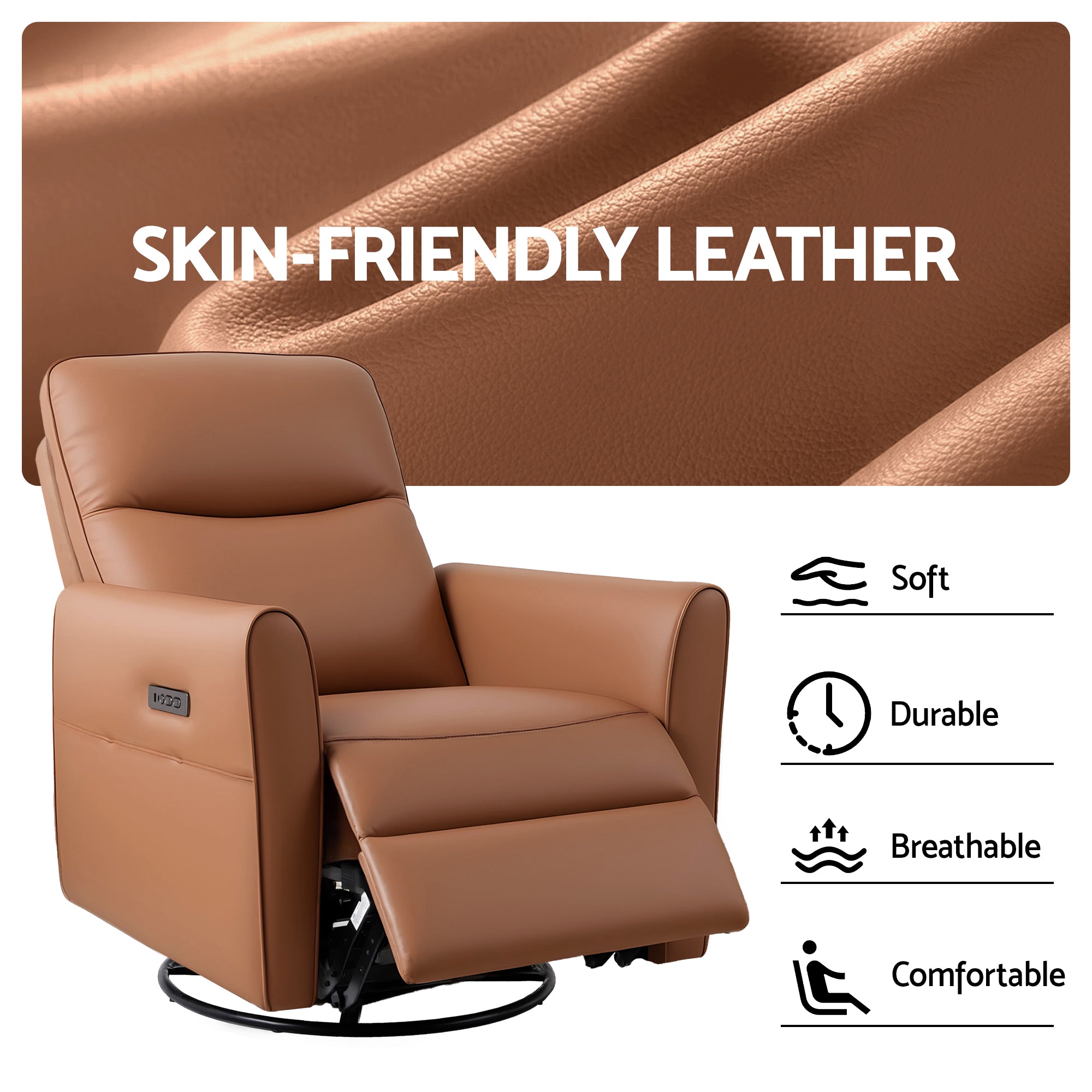 London Leather Swivel Recliner Chair with LED Lights & Charging Ports – Brown