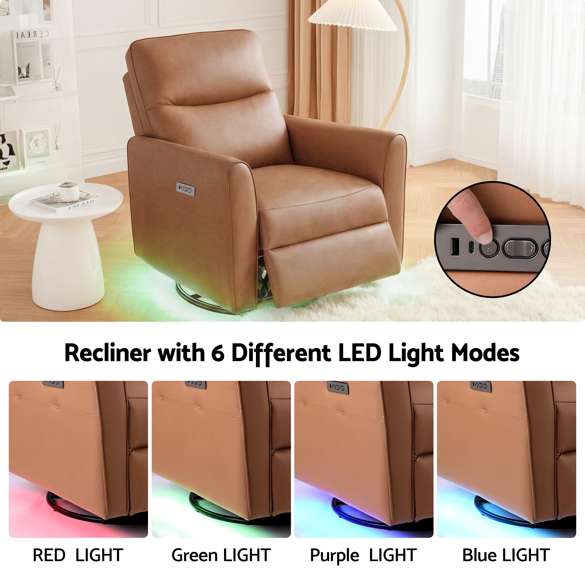 London Leather Swivel Recliner Chair with LED Lights & Charging Ports – Brown