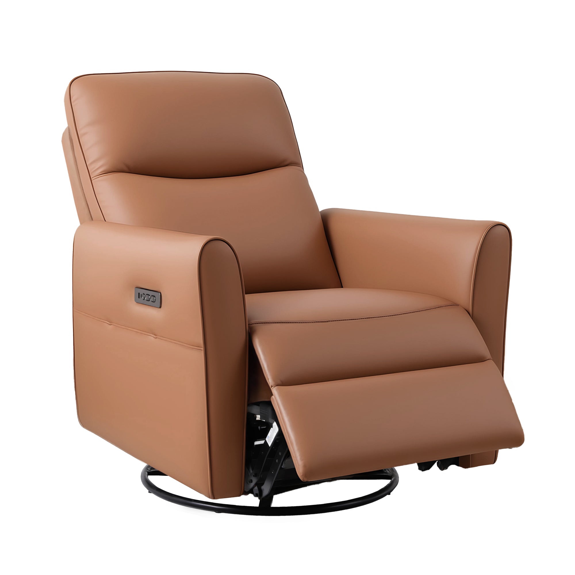 London Leather Swivel Recliner Chair with LED Lights & Charging Ports – Brown