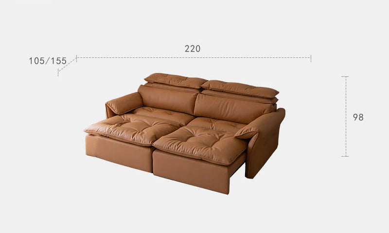 Brown sofa with dimensions and color swatches on a white background