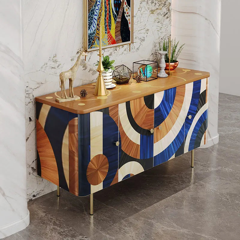Decorative console table with geometric pattern in a modern interior setting
