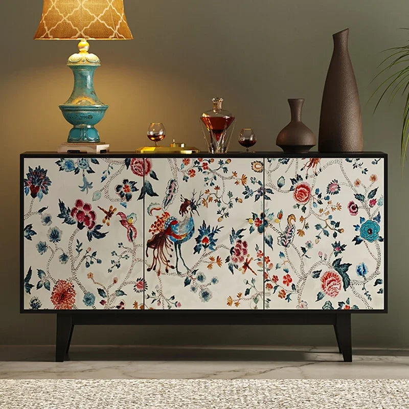 Luxury American-Style Sideboard in Black with Hand-Painted Floral Panels - 2 Sizes