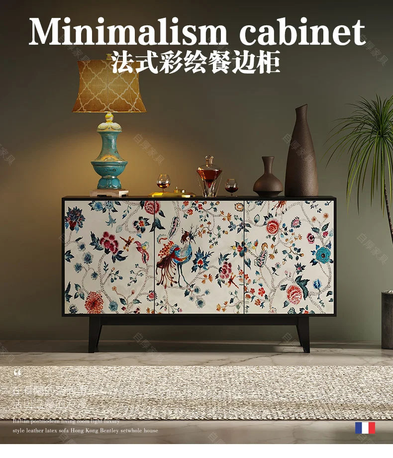 Luxury American-Style Sideboard in Black with Hand-Painted Floral Panels - 2 Sizes