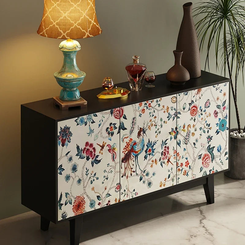 Luxury American-Style Sideboard in Black with Hand-Painted Floral Panels - 2 Sizes